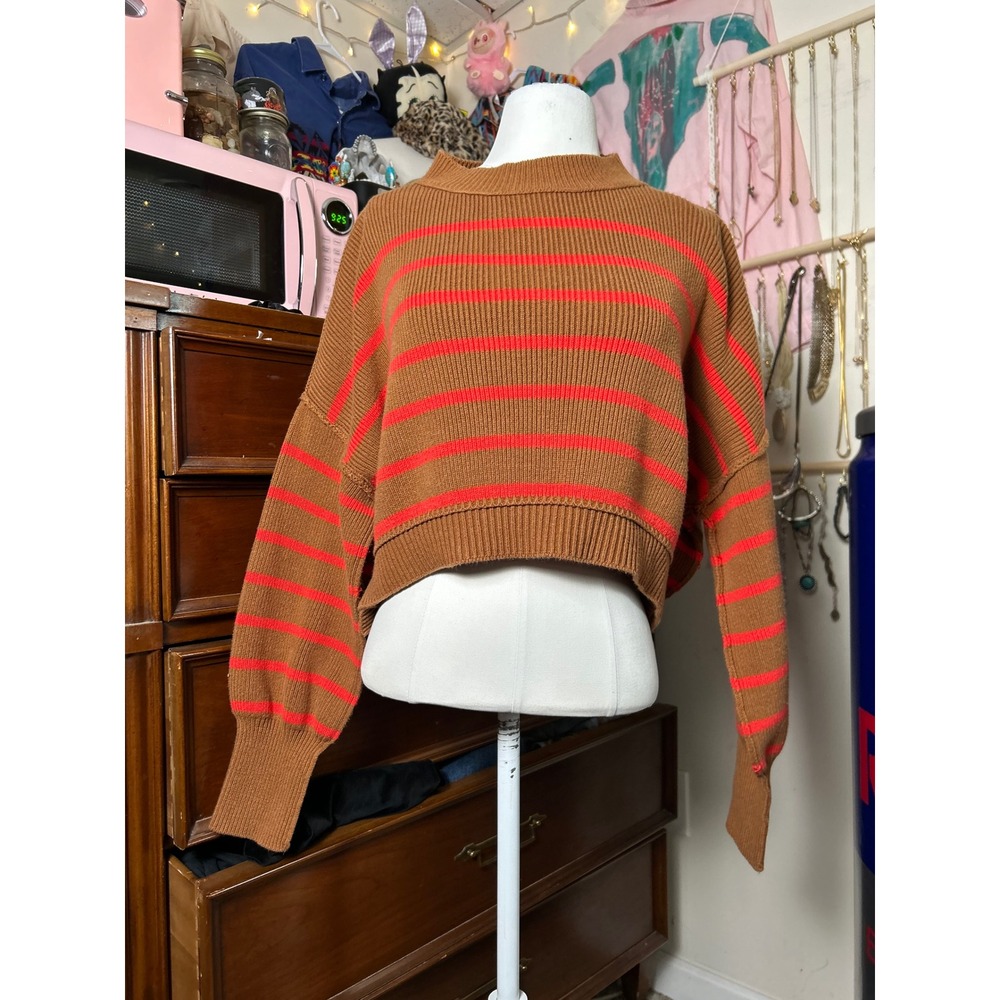 Free People Brown Orange Striped Cropped Mock Neck Ribbed Sweater SP Boho Chic - Picture 2 of 7